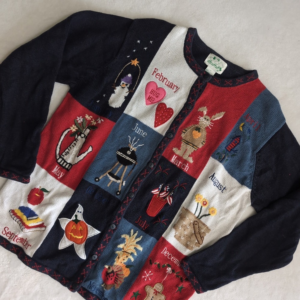 Quacker Factory Cardigan Womens L Multicolor Calendar Year Holiday Embroidered